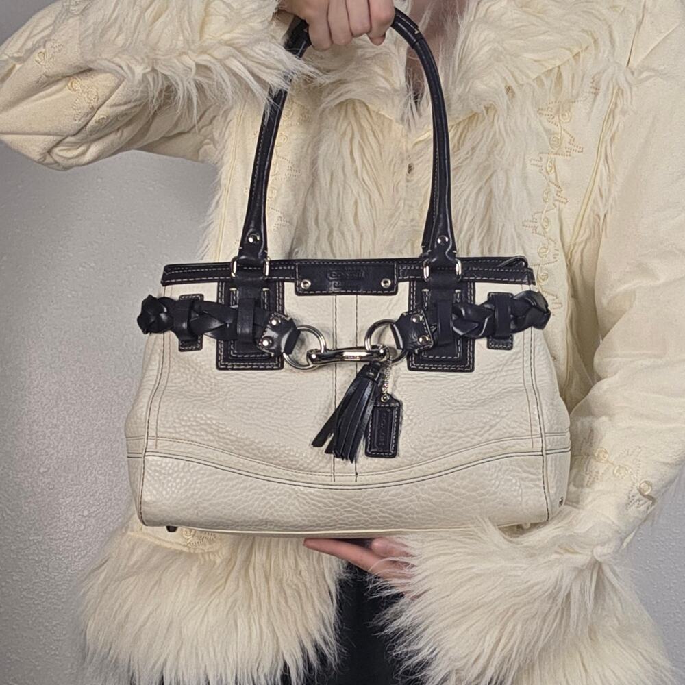 Coach Black Ivory Leather Satchel Y2K Braided Tassel Handbag
